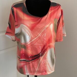 Donna Karan Rose and Cream Abstract Print Sequined Top